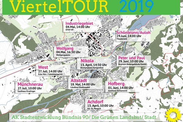 Übersichtsplan über Landshut mit allen ViertelTOUR-Terminen an den jeweiligen Orten