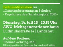 Wer betreut mein Kind am Nachmittag? Ein Dialog zwischen Praxis und Politik. Dienstag, 14.7.2015 im AWO Mehrgenerationenhaus Ludmillastr. 15, 84034 Landshut. Beginn: 20:15 Uhr