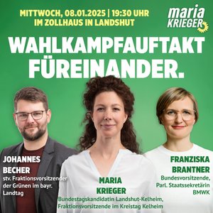 Johannes Becher, Maria Krieger, Franziska Brantner vor grünem Hintergrund mit Einladungstext