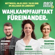 Johannes Becher, Maria Krieger, Franziska Brantner vor grünem Hintergrund mit Einladungstext