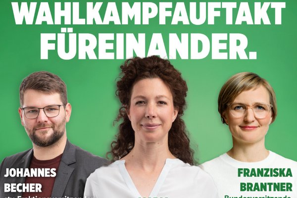 Johannes Becher, Maria Krieger, Franziska Brantner vor grünem Hintergrund mit Einladungstext