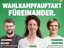 Johannes Becher, Maria Krieger, Franziska Brantner vor grünem Hintergrund mit Einladungstext