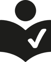 Signet "Leichte Sprache": Kopf hinter aufgeschlagenem Buch mit Häkchen auf dem Umschlag (alles in schwarz / weiß)