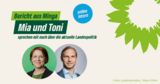 Einladungstext mit MdLs Mia Goller und Toni Schuberl als einzelne Bilder in Kreisen, dazu eine grüne Sonnenblume rechts oben