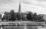 Silhouette der Stadt Landshut über die Isar hinweg in schwarz / weiß