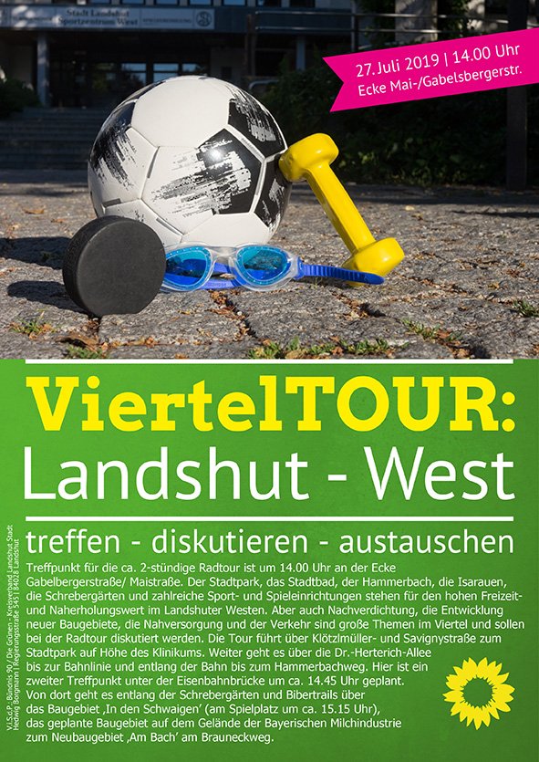 Bild mit Sportgeräten (Puck, Ball, Schwimmbrille, Hantel) vor dem Eingang zum Sportzentrum West und Veranstaltungstext