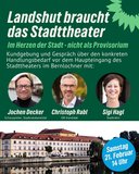 Jochen Decker, Schauspieler und Stadtratskandidat, Christoph Rabl, OB-Kandidat und Stadtrat und Sigi Hagl, Stadträtin. Darunter die Fassade des Bernlochner-Komplexes, in dem sich das seit langem geschlossene Stadttheater befindet.