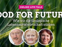 Unscharfes grünes Getreidefeld im Hintergrund, vorne oben Schrift "online-live-talk", "Food for Future" - "Wie wir die ökologische Lebensmittelwirtschaft stärken", darunter 3 Bilder in weißen Kreisen nebeneinander mit Prinz von Löwenstein, Renate Künast und Gisela Sengl.