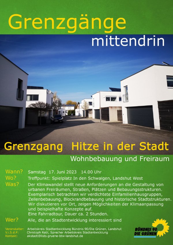 "Bild mit Straße, zu beiden Seiten weiße kastige Gebäude mit Garagen darunter. Dazu Einladungstext."