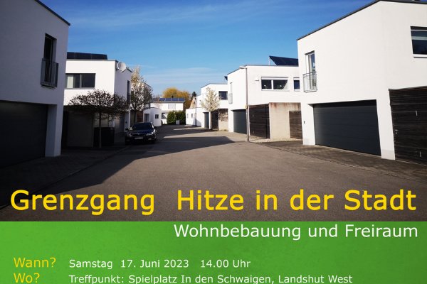 "Bild mit Straße, zu beiden Seiten weiße kastige Gebäude mit Garagen darunter. Dazu Einladungstext."