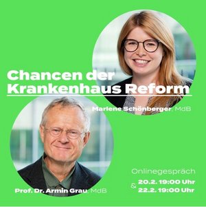 Marlene Schönberger MdB und Prof. Dr. Armin Grau, MdB in runden Bildern auf einem scheußlichen grünen Hintergrund