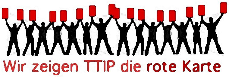 Wir zeigen TTIP die rote Karte. Menschenkette mit roten Karten über den Köpfen haltend.